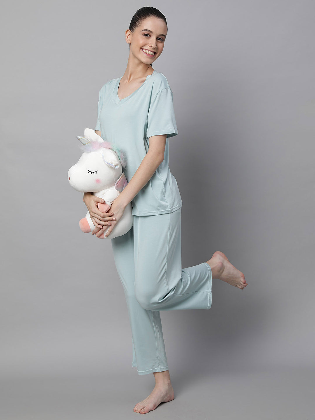 Women Green V-Neck Hosiery Loose Fit Night Suit Set - Global Republic