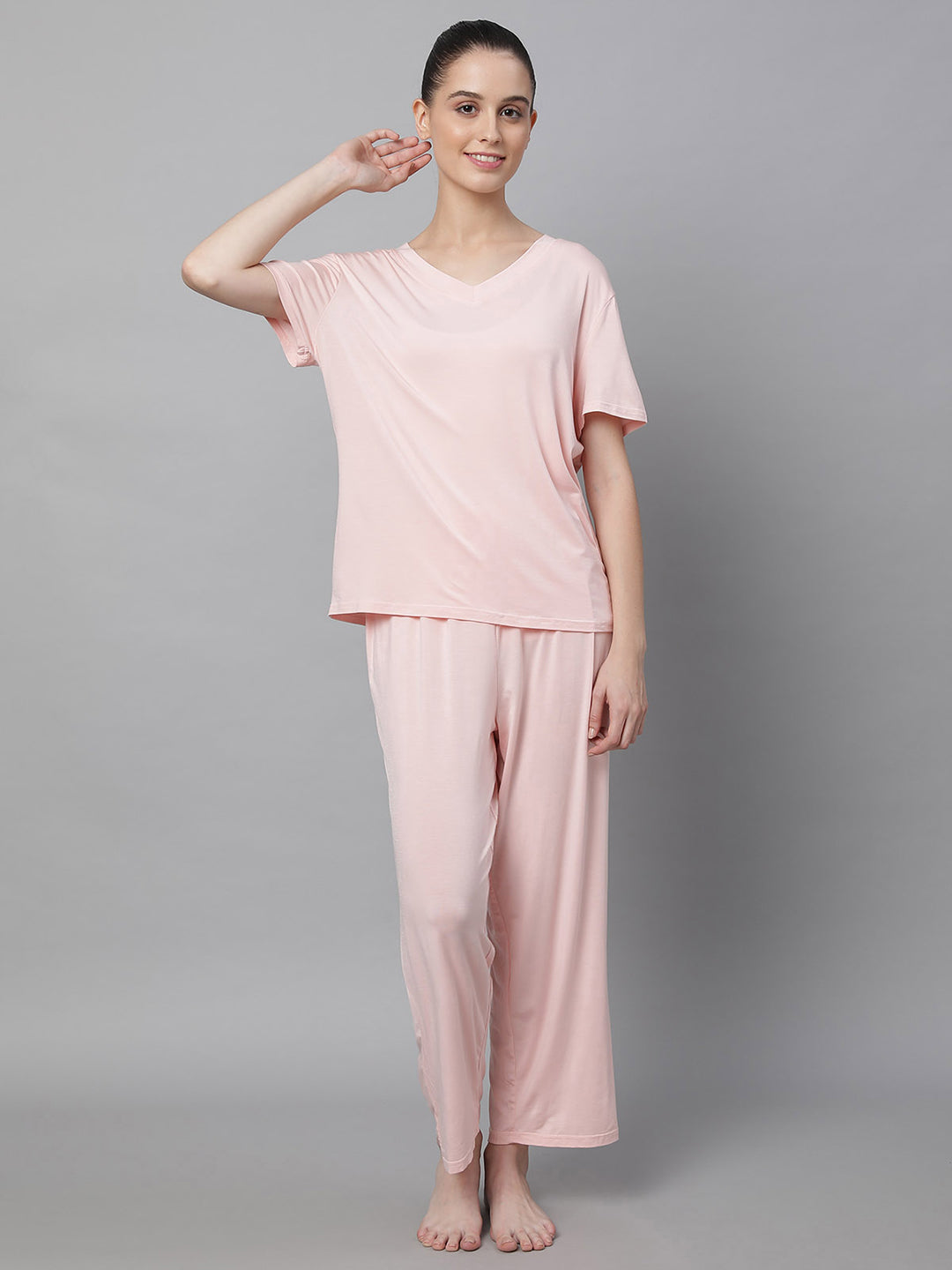 Women Pink Hosiery Loose Fit Night Suit Set - Global Republic