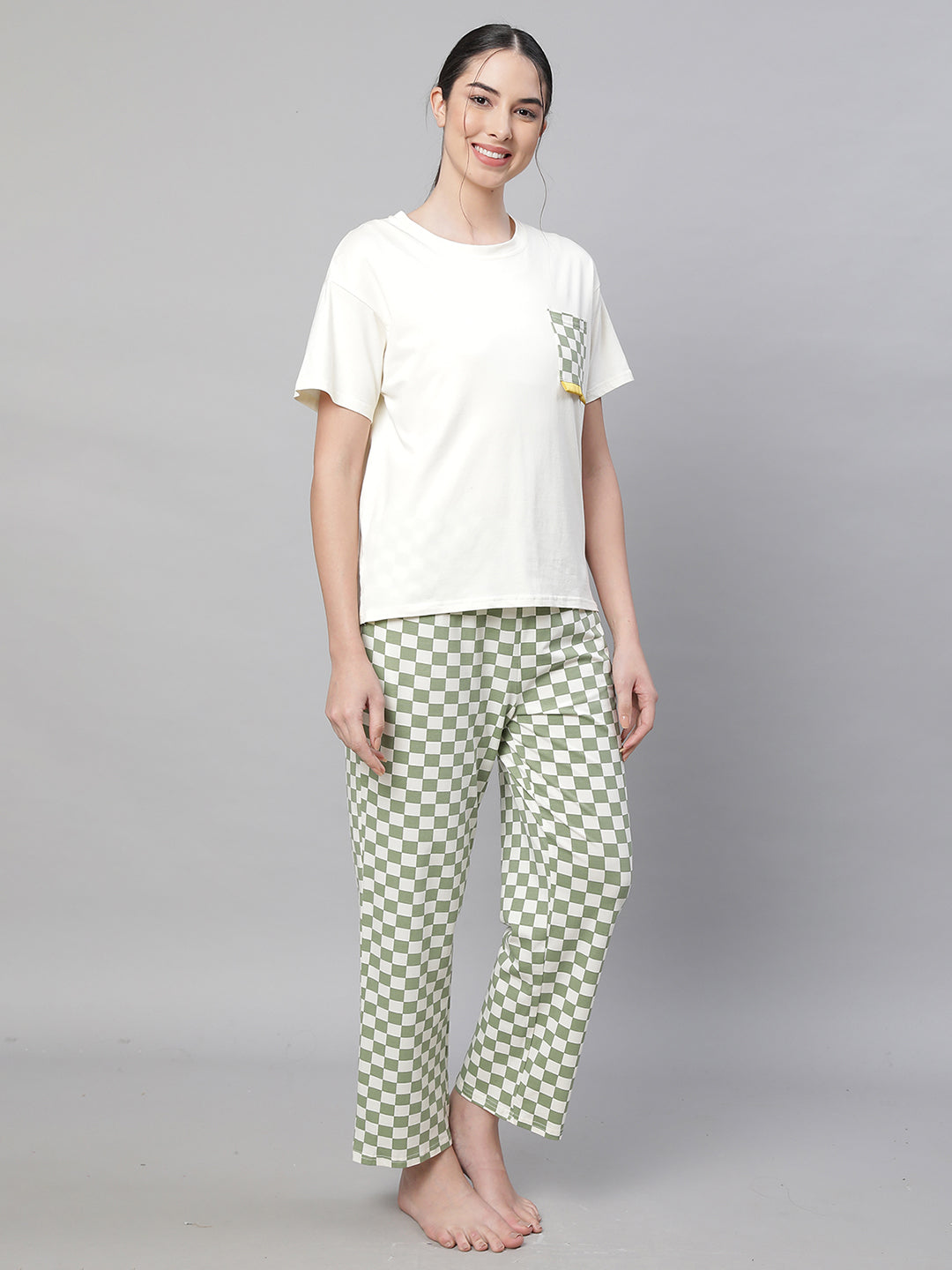 Women Green Round Neck Printed Loose Fit Night Suit Set - Global Republic