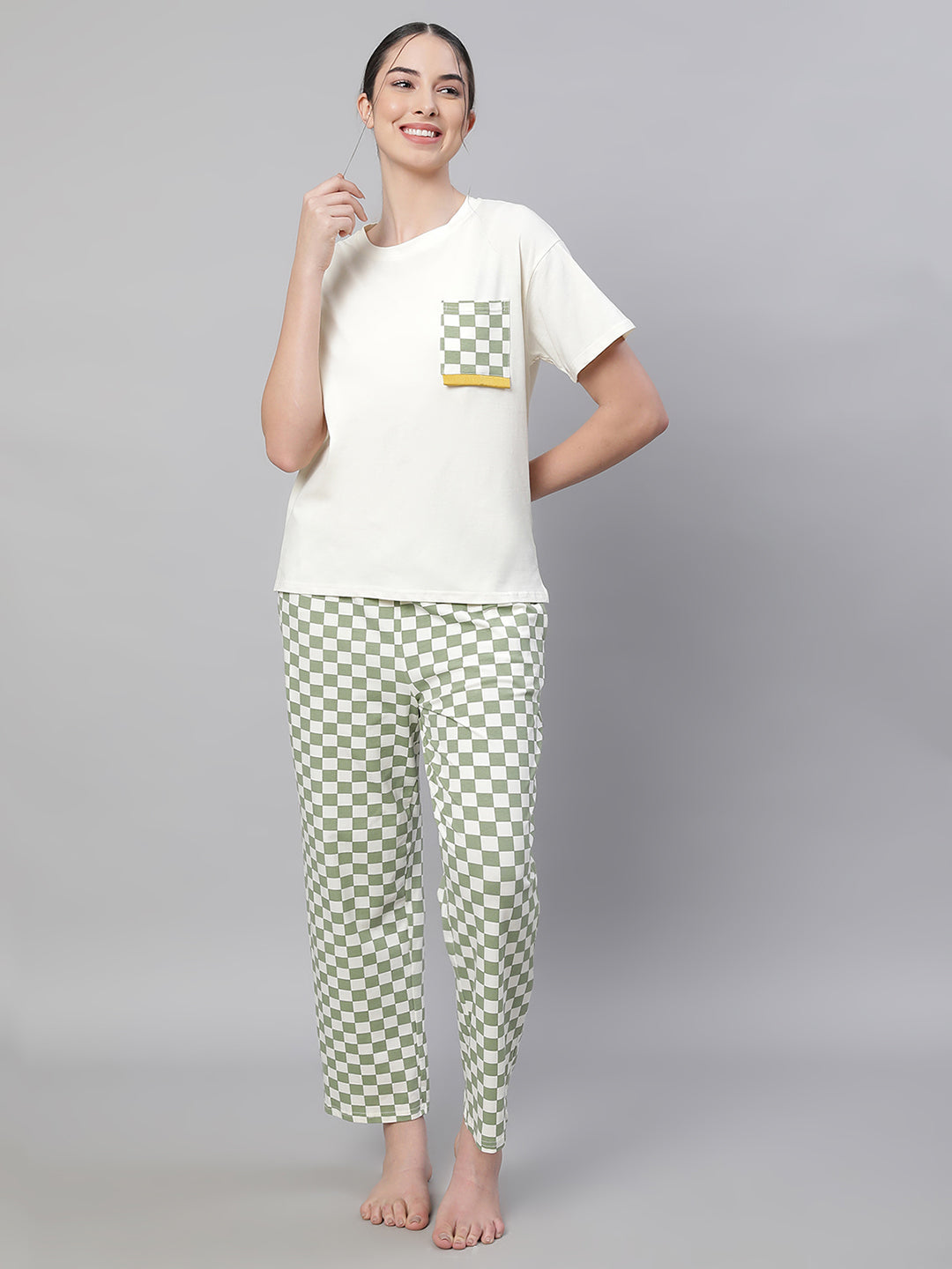 Women Green Round Neck Printed Loose Fit Night Suit Set - Global Republic
