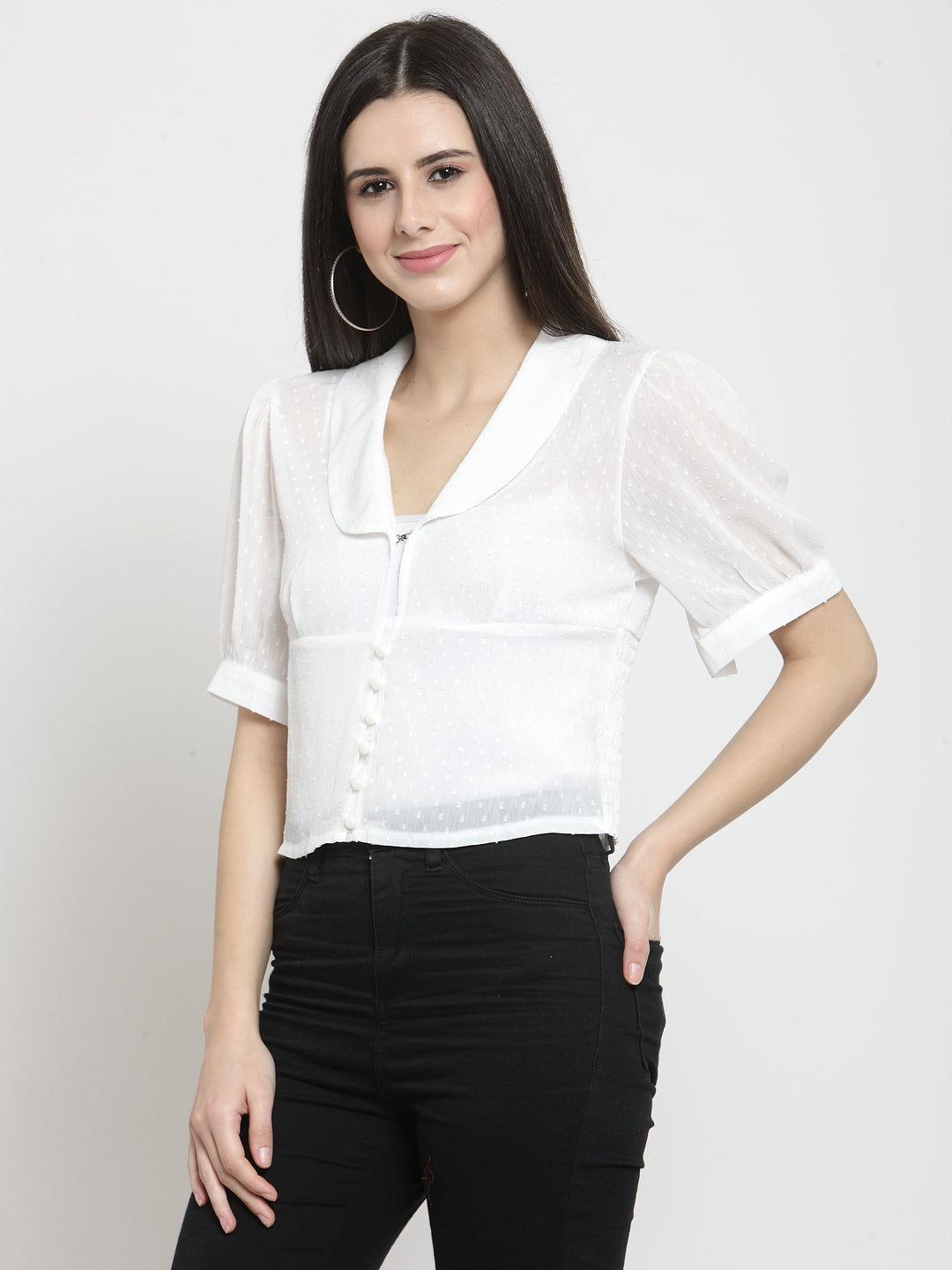Women White Textured V-Neck Regular Fit Tops