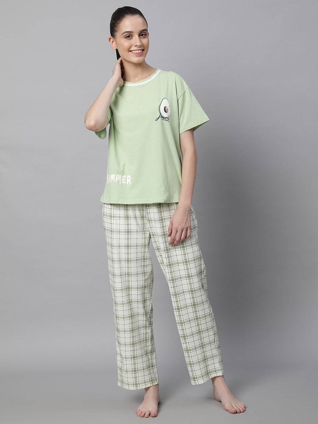 Women Green Hosiery Printed Loose Fit Night Suit Set - Global Republic