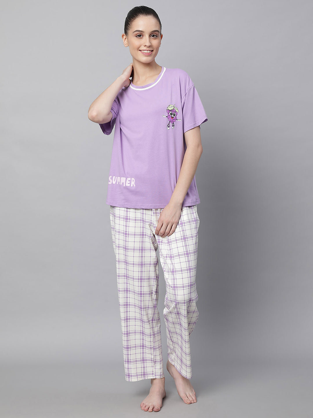 Women Lilac Hosiery Printed Loose Fit Night Suit Set - Global Republic