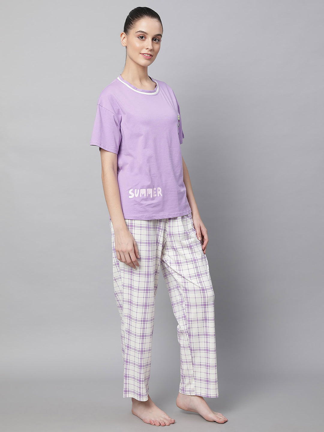 Women Lilac Hosiery Printed Loose Fit Night Suit Set - Global Republic