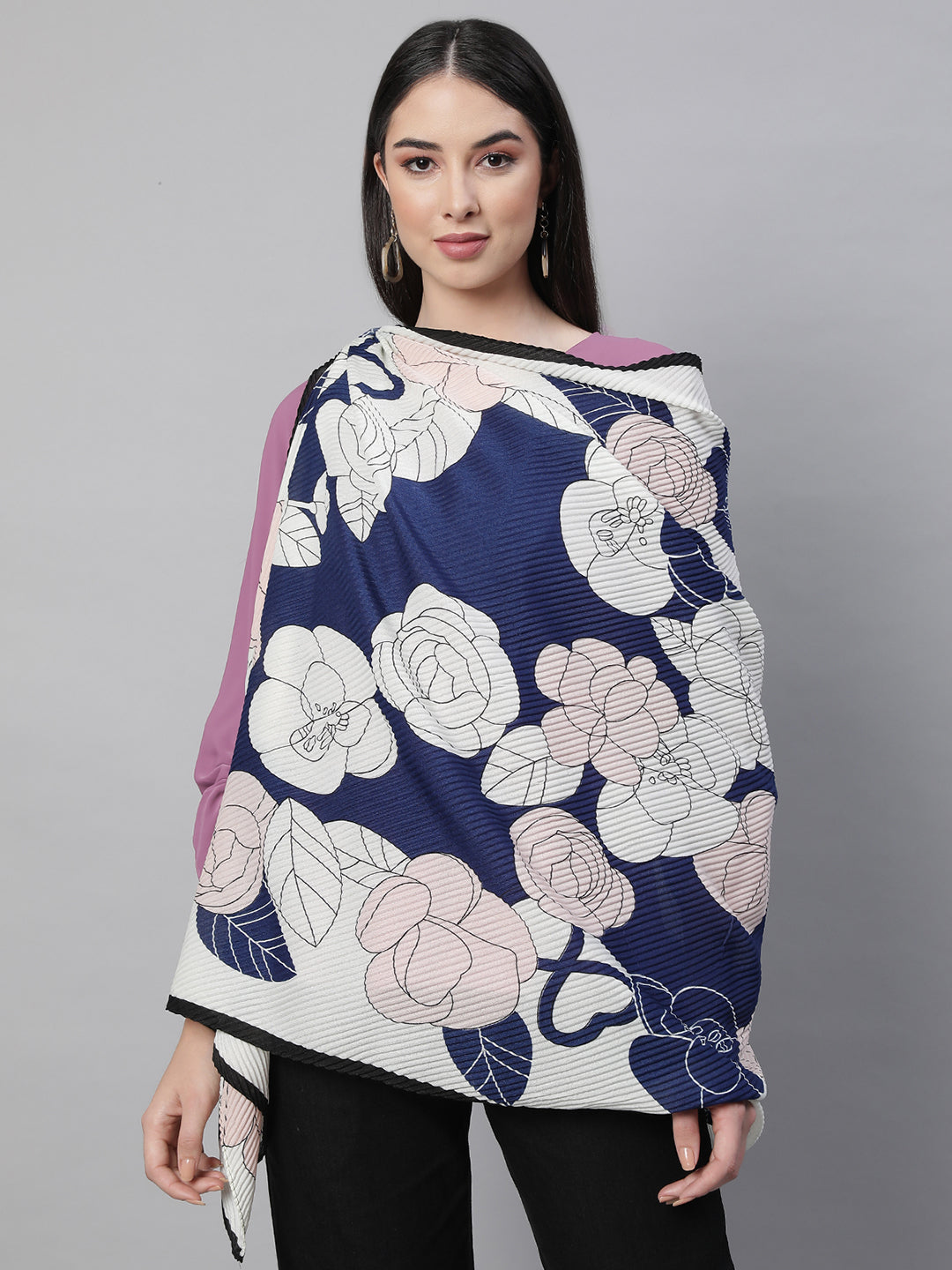 Women Navy Blue Floral Printed Stole - Global Republic