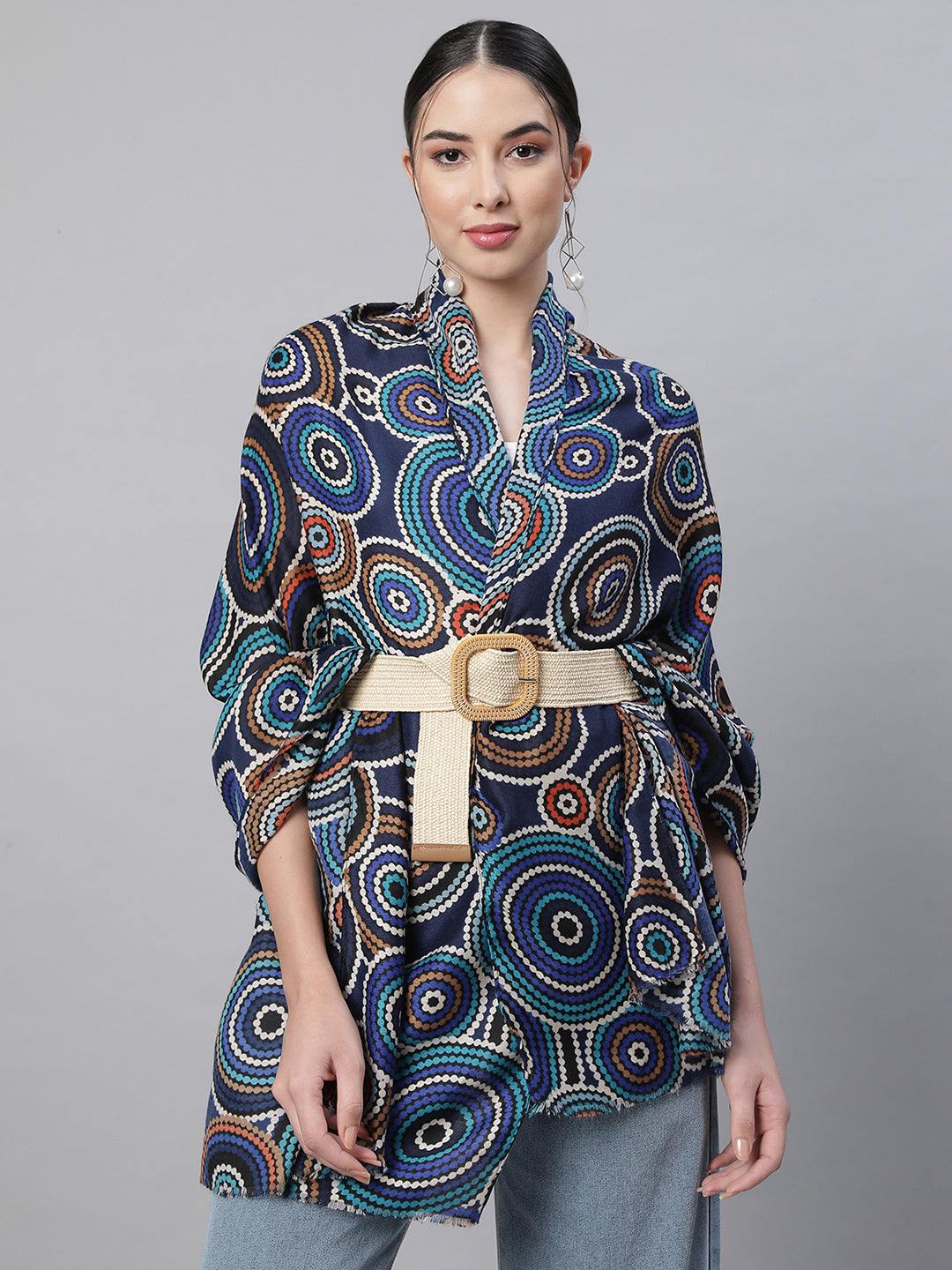 Navy Blue Printed Stole - Global Republic