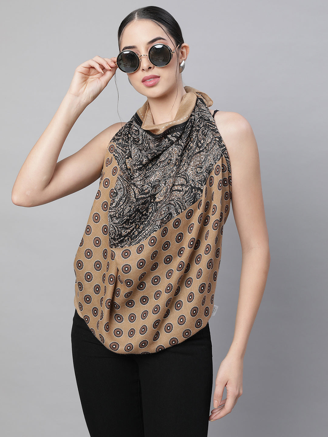 Women Mustard Printed & Polka Dots Stole - Global Republic