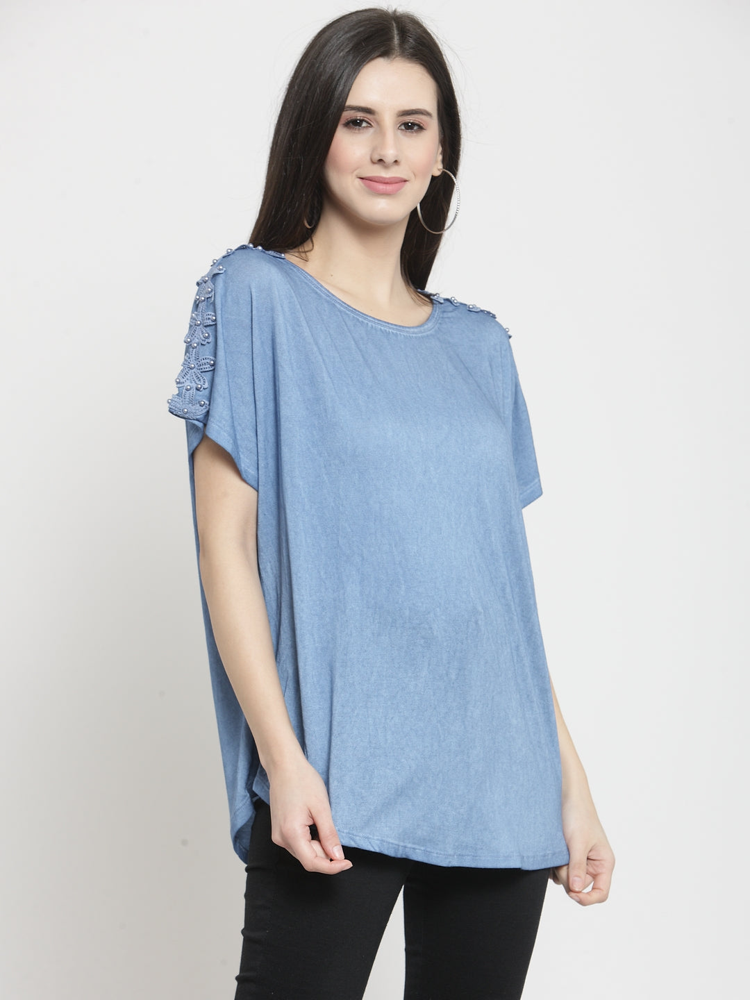 Women Blue Solid Round Neck Regular Fit T-Shirt