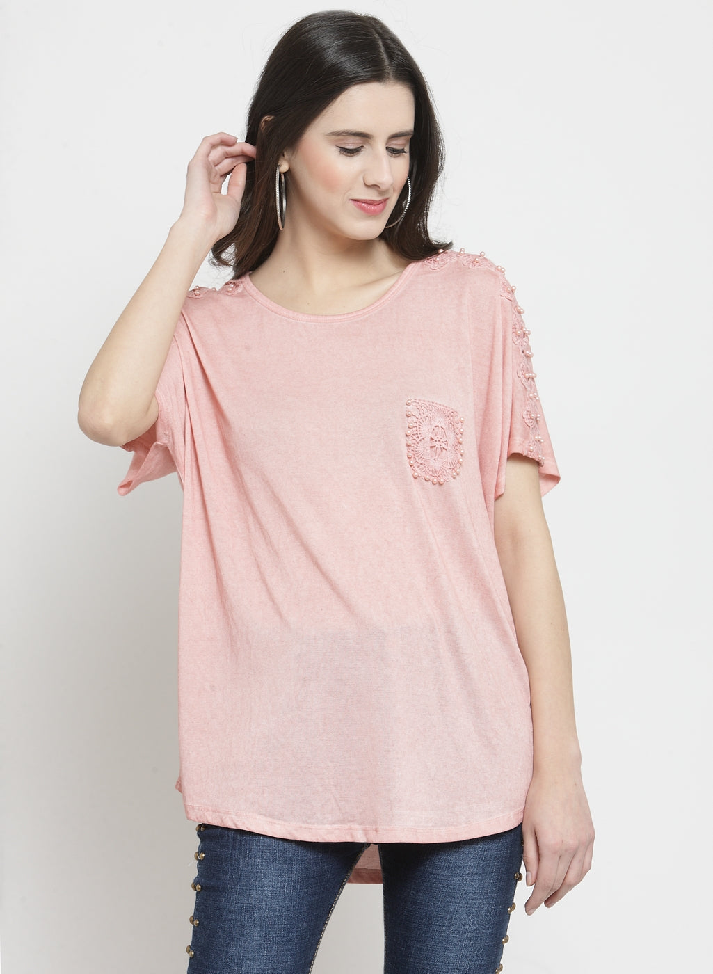 Women Peach Solid Regular Fit T-Shirts