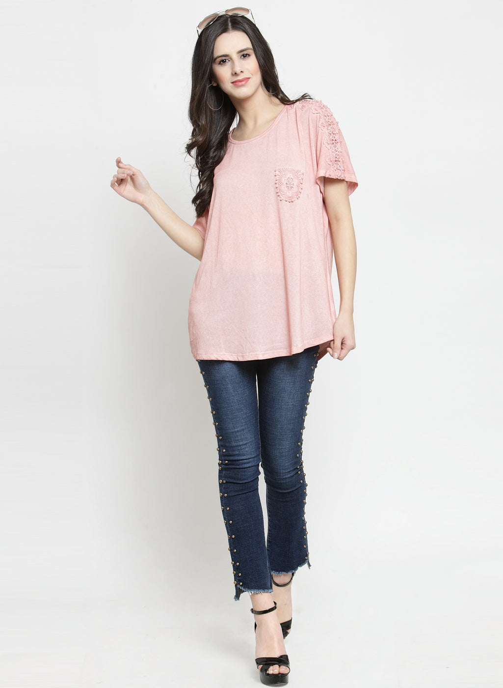 Women Peach Solid Regular Fit T-Shirts