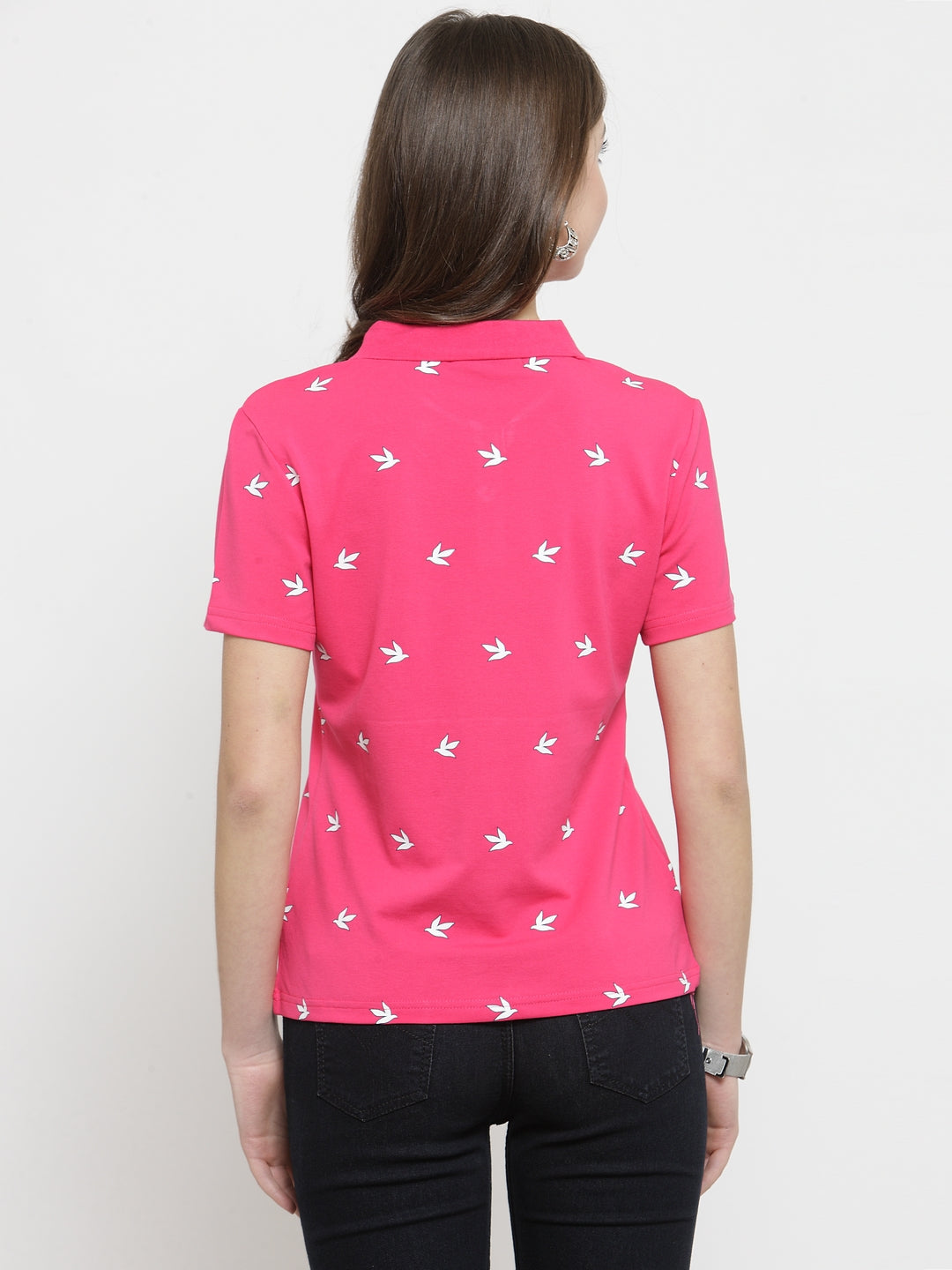 Women Pink Printed Collar Regular Fit T-Shirts