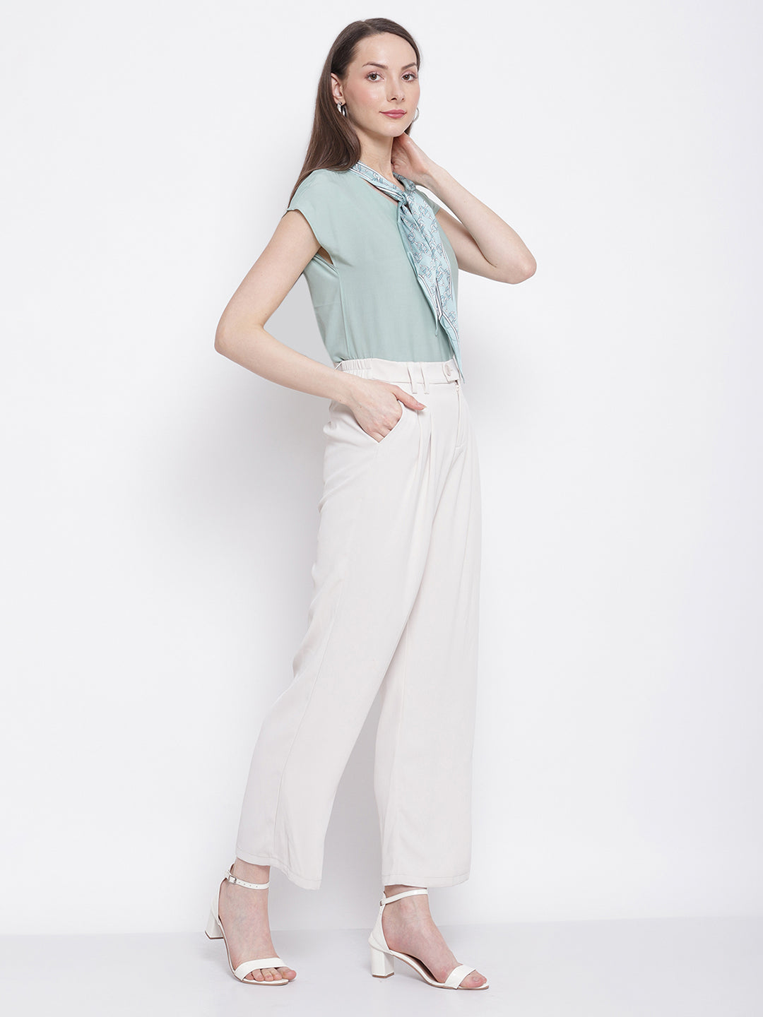 Women Relaxed-Fit Solid Beige Trouser Pants - Global Republic