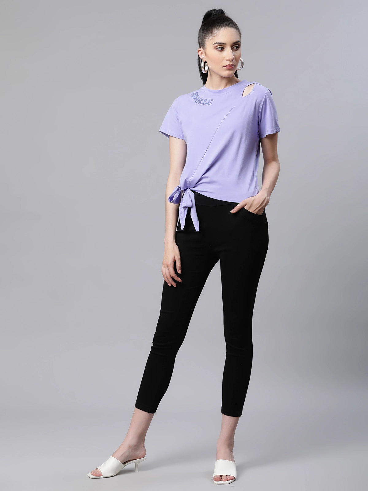 Women Regular Fit Embroidered Purple Hosiery Top - Global Republic