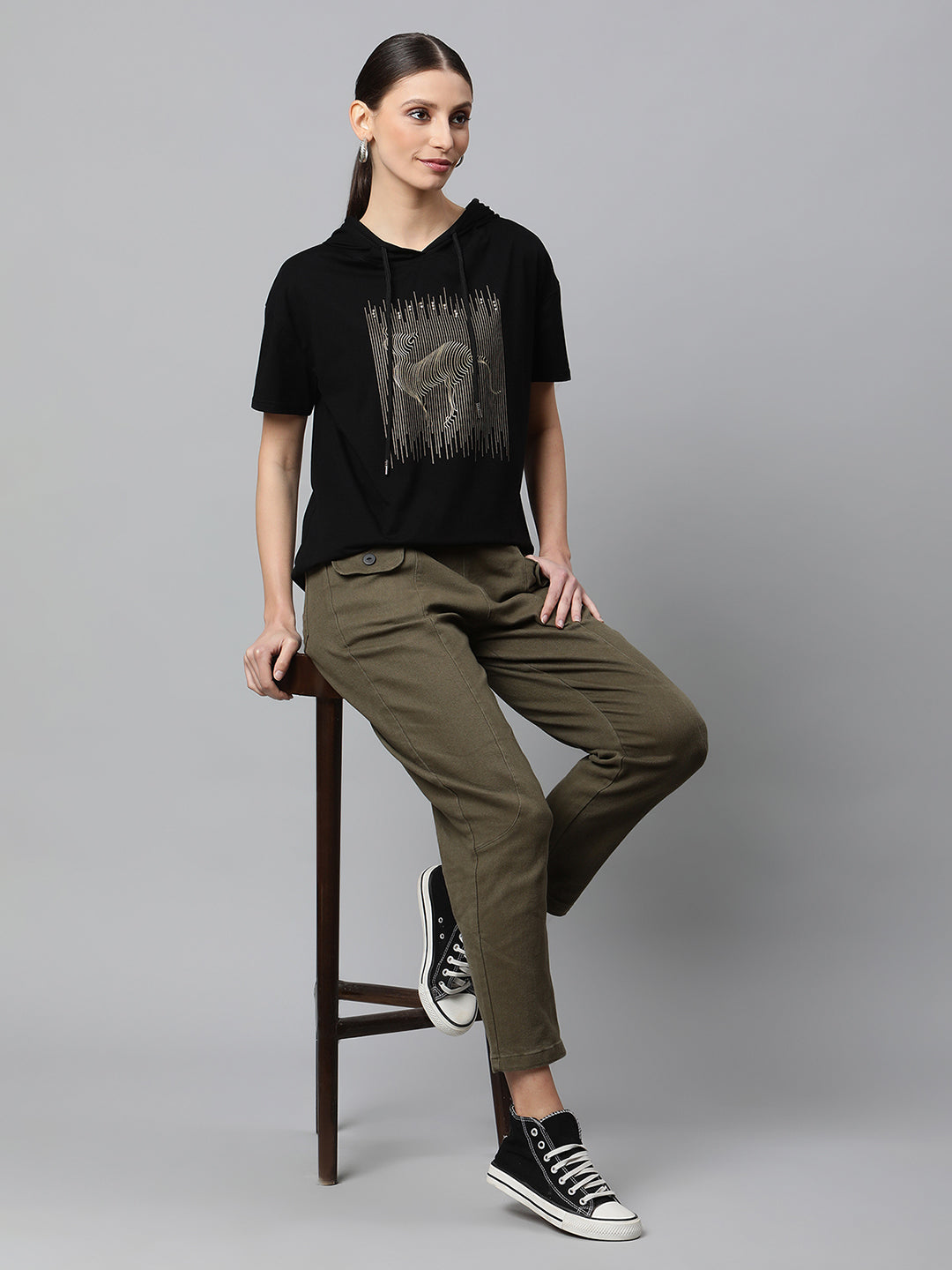 Women Black Regular Fit Hooded Embellished T-Shirt - Global Republic