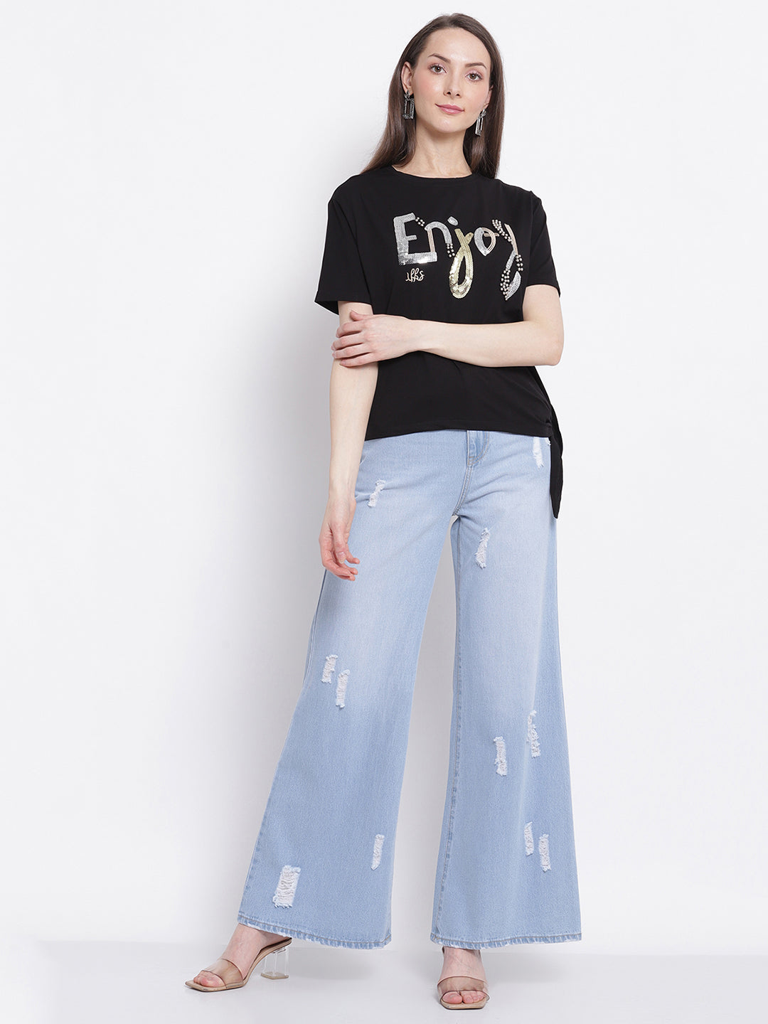 Women Black Printed Top with Knot Details at Hem