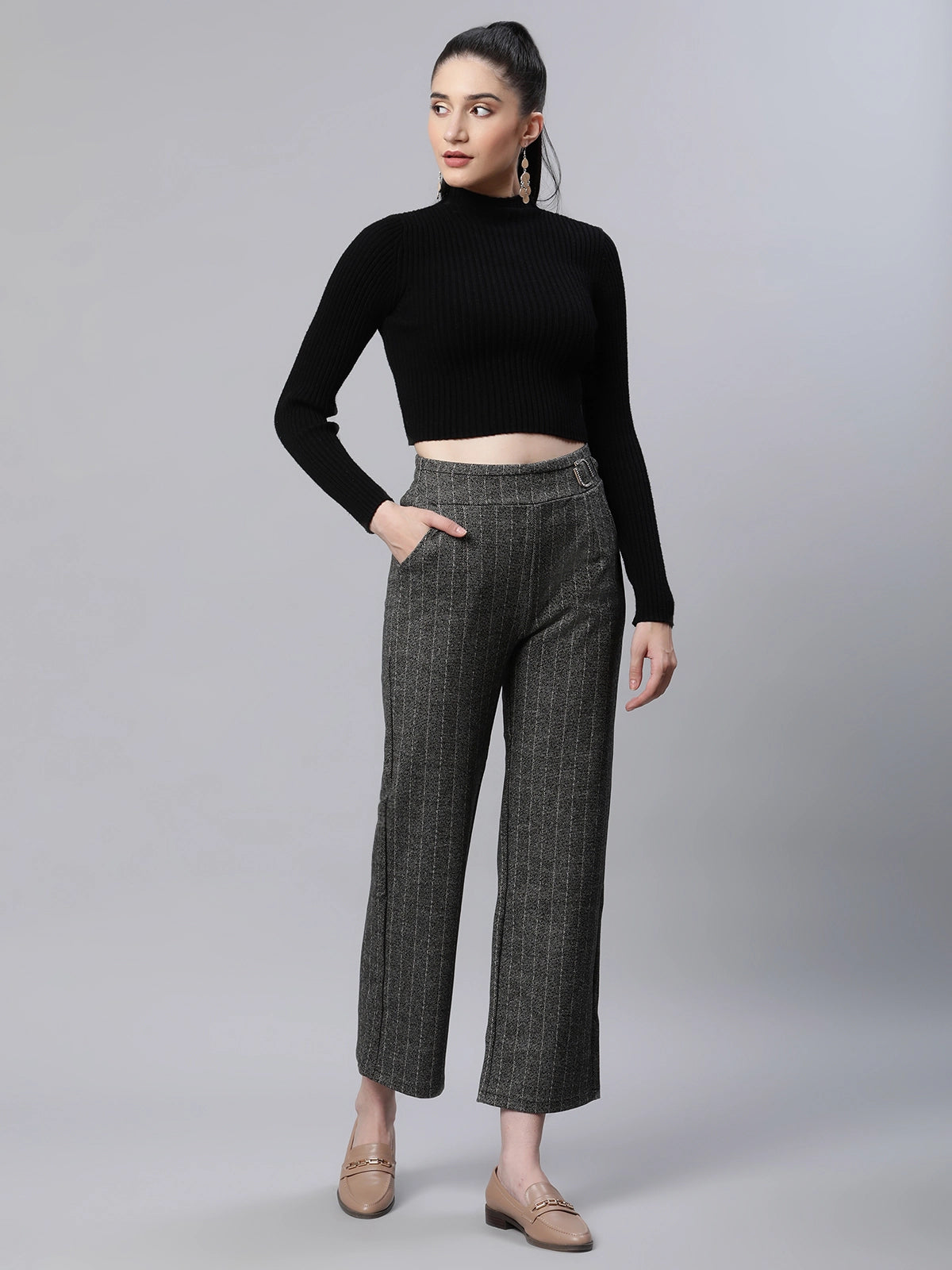 Buy Women Striped High Rise Brown Straight Trousers Global Republic