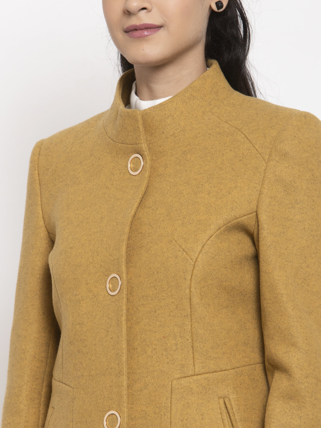 Women Mustard Long Sleeves Solid Coat