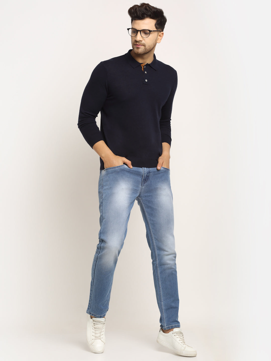 Men Navy Blue Polo Neck Knit Solid Pullover - Global Republic