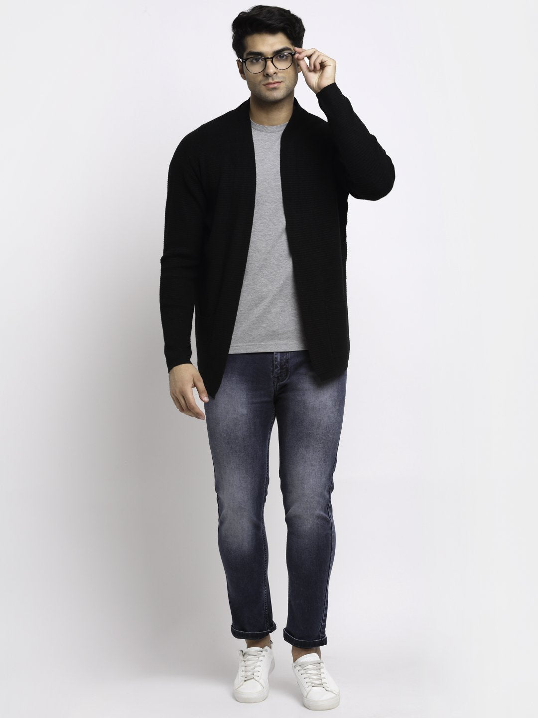 Men Black Front Open Solid Shrug