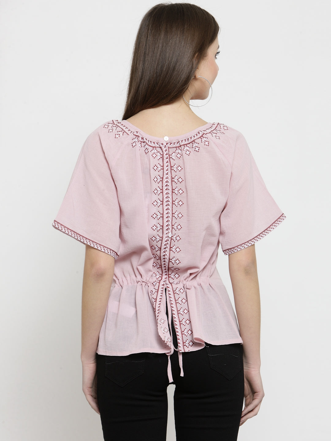 Women Pink Solid Round Embroidered Neck Top
