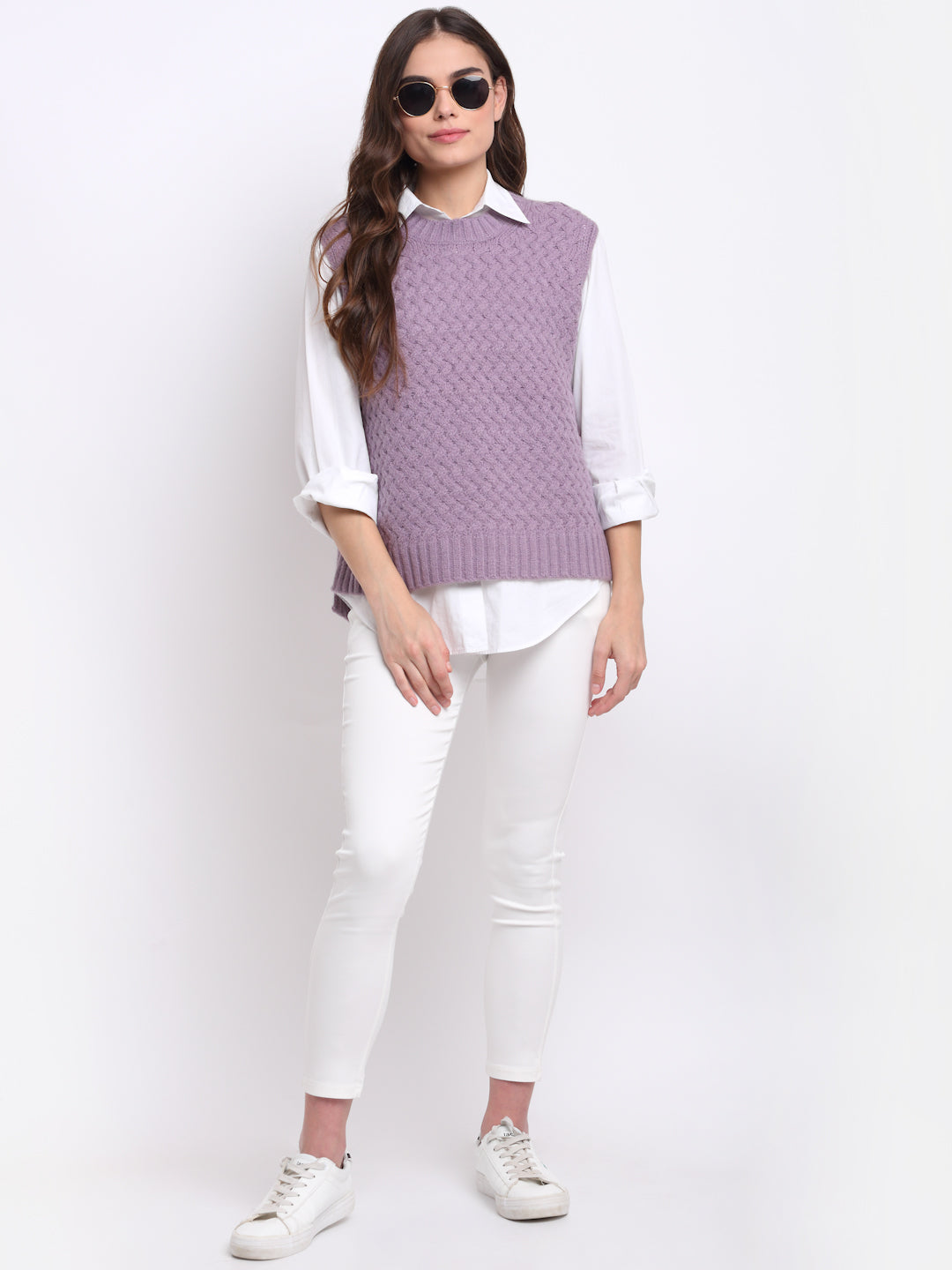 Women Purple Round Neck Sleeveless Knit Pullover - Global Republic