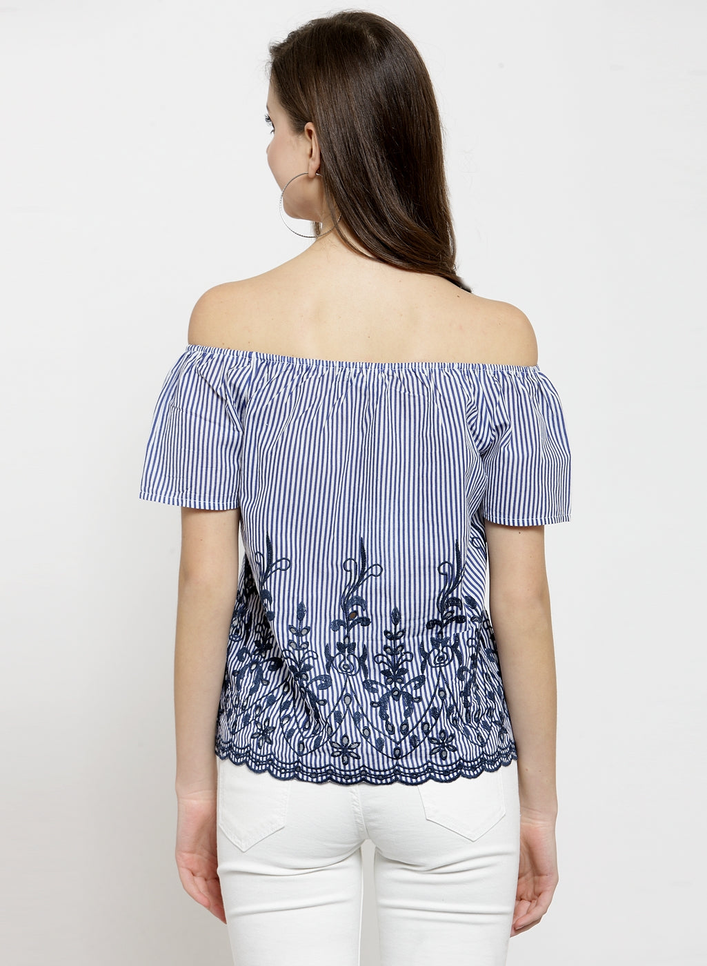 Women Embroidered Navy Blue Off Shoulder Top