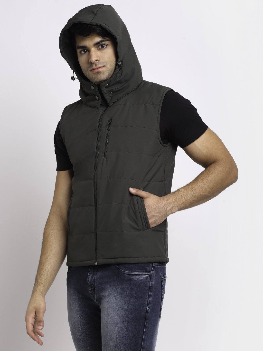 Men Olive Hooded Solid Jacket - Global Republic