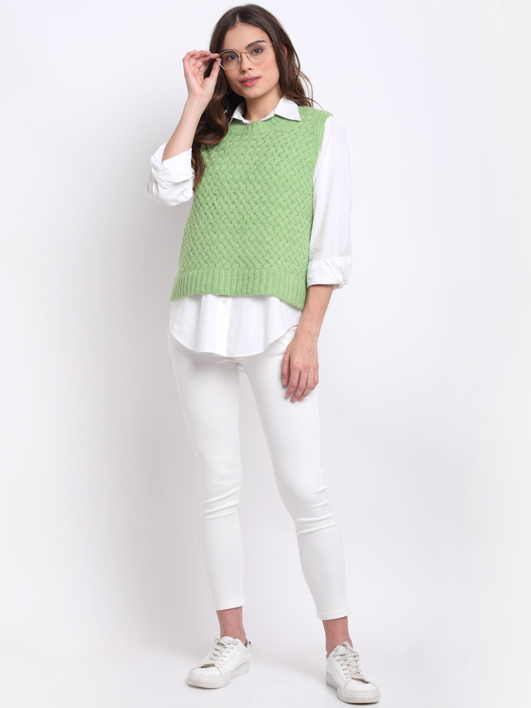 Women Green Round Neck Sleeveless Knit Pullover - Global Republic