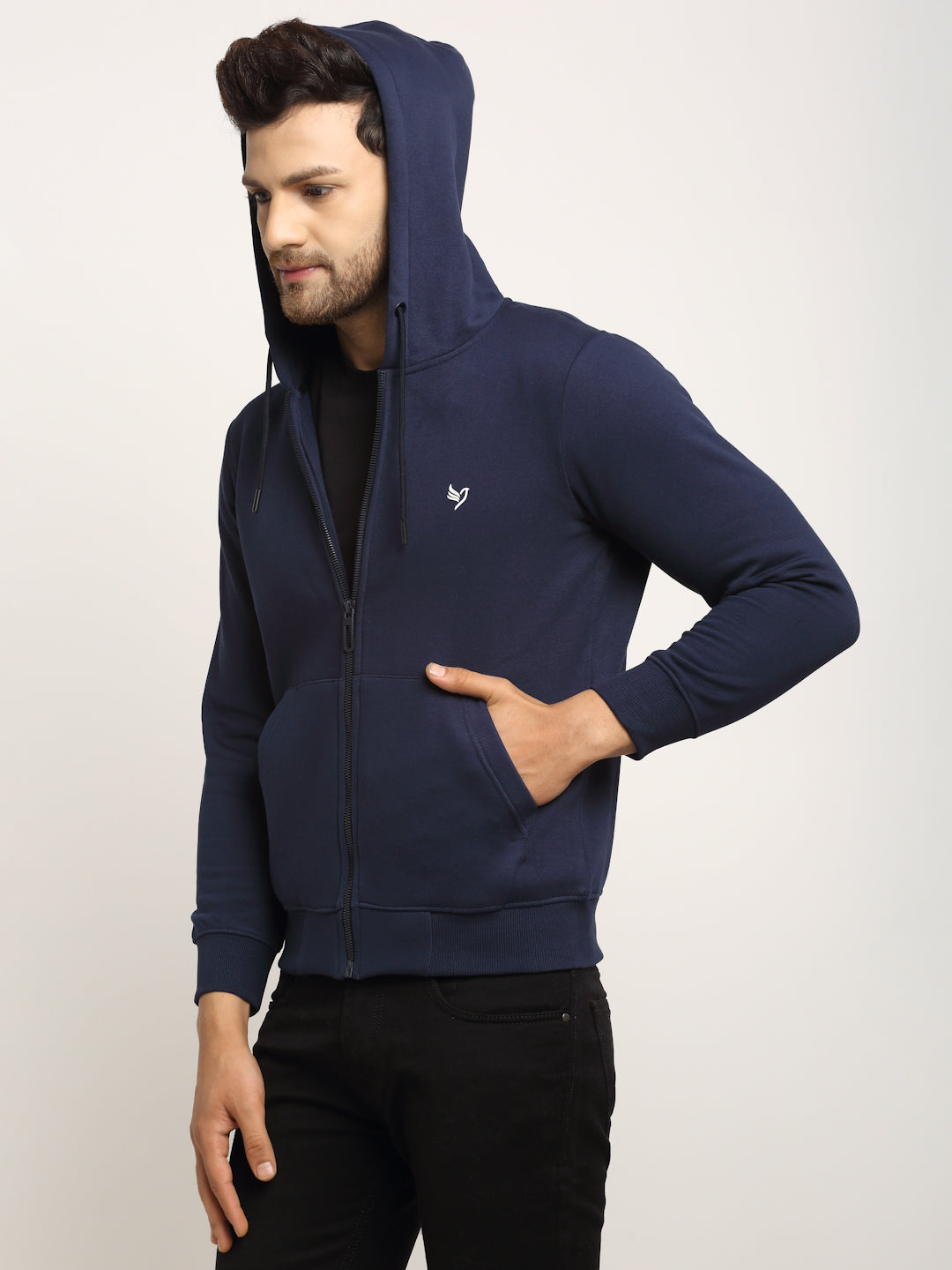Men Navy Blue Hosiery Solid Hooded Sweatshirt - Global Republic