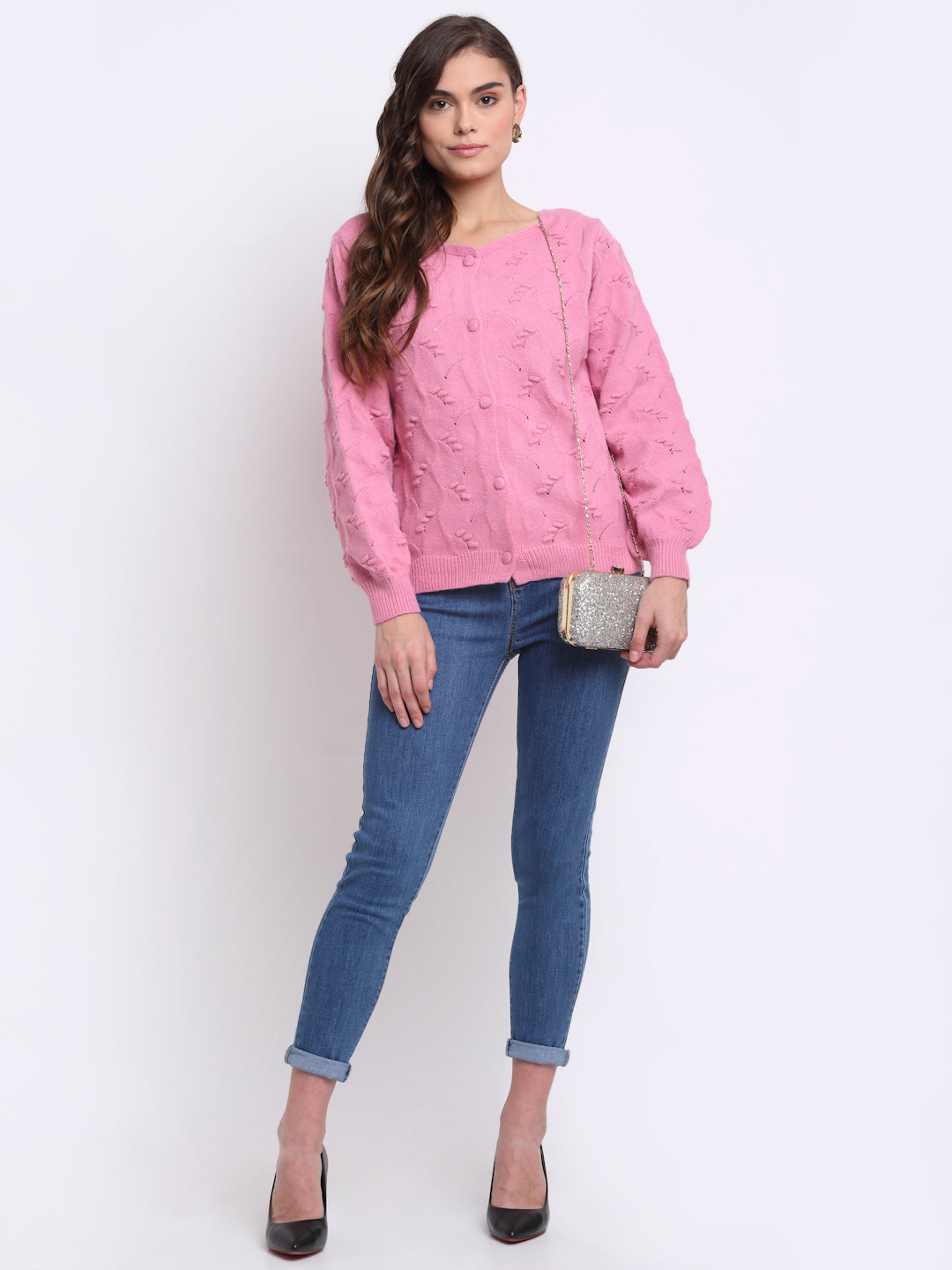 Women Pink Round Neck Solid Knitted Loose Fit Cardigan