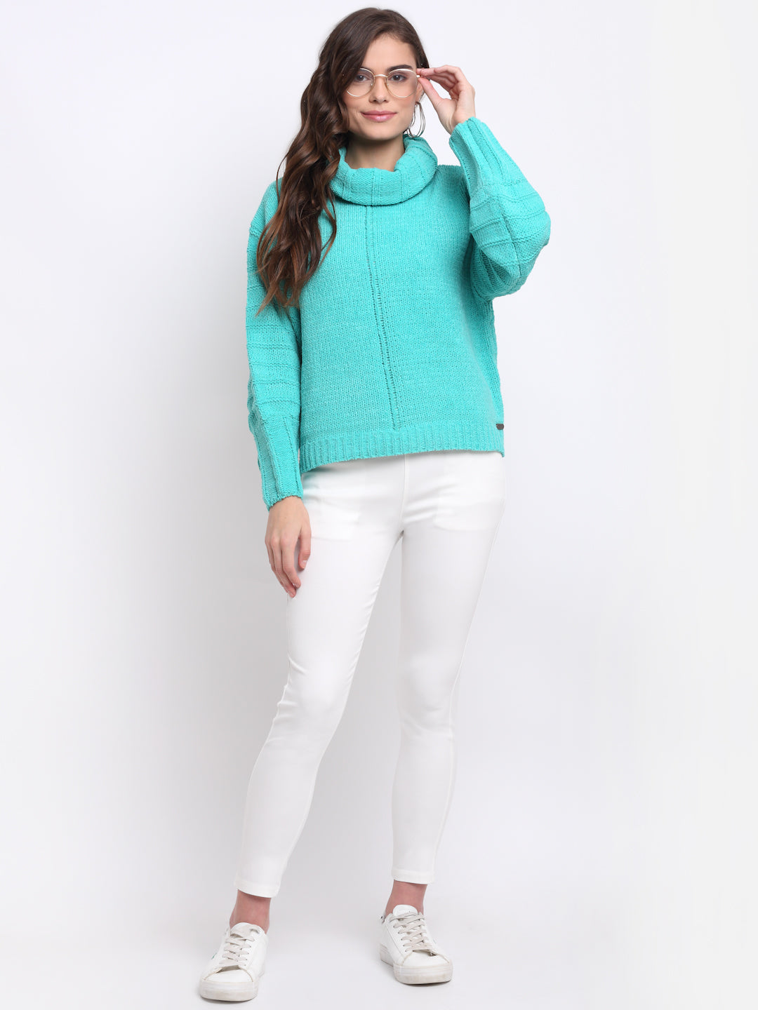 Women Teal Blue High Neck Loose Fit Knit Pullover