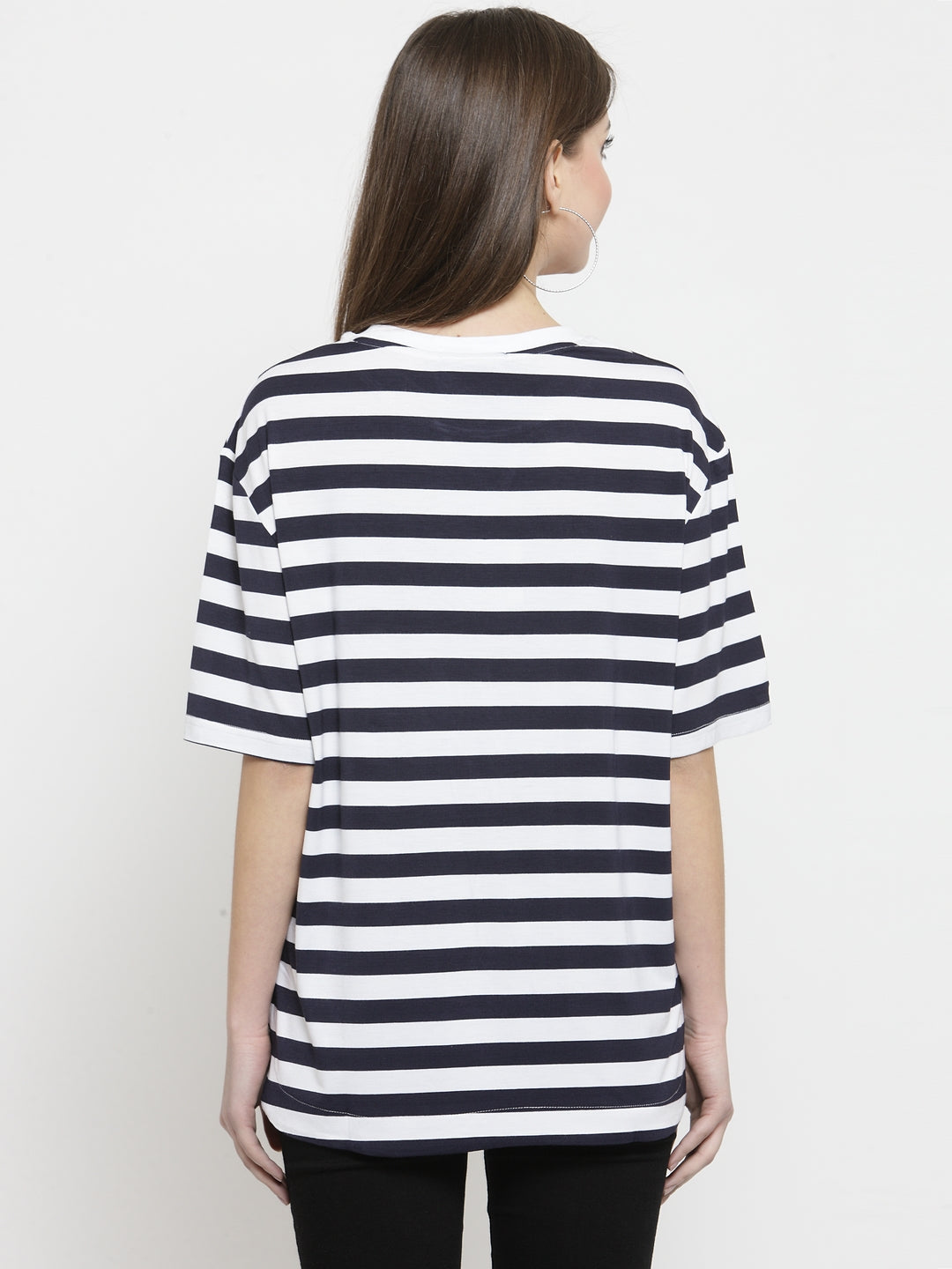 Women Navy Blue Striped Round Neck Regular Fit T-Shirts