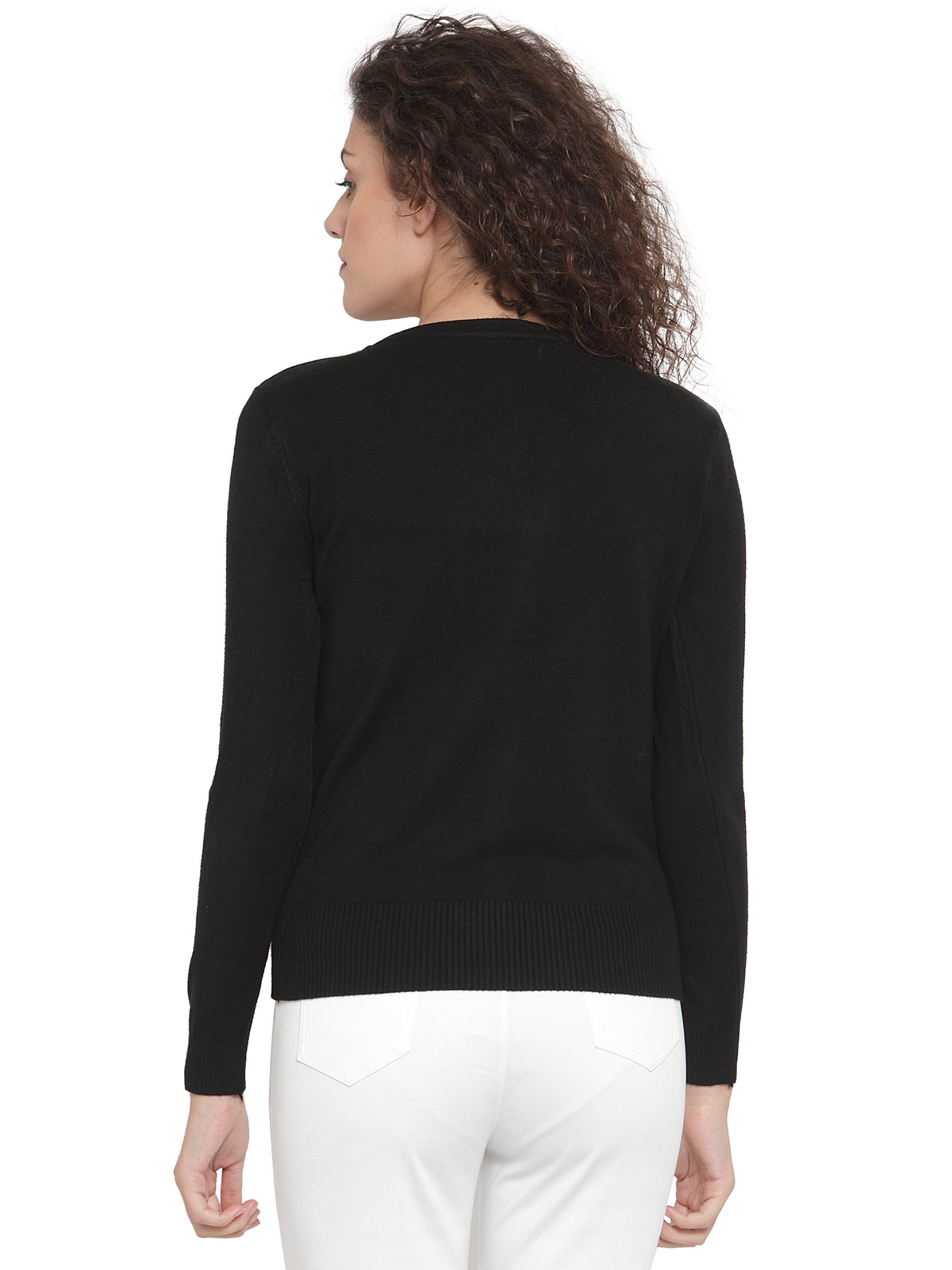 Women Solid Plain Black Cardigan