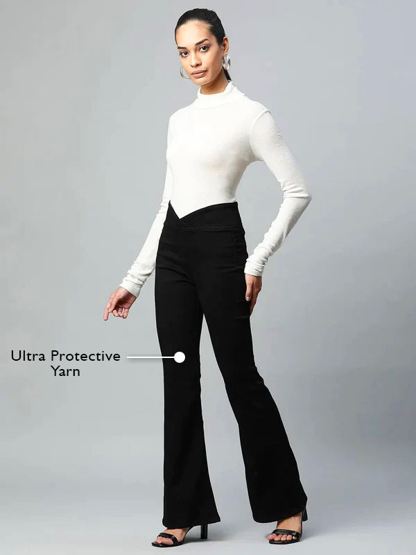 Black V-shape Waist Denim Bootcut Jegging