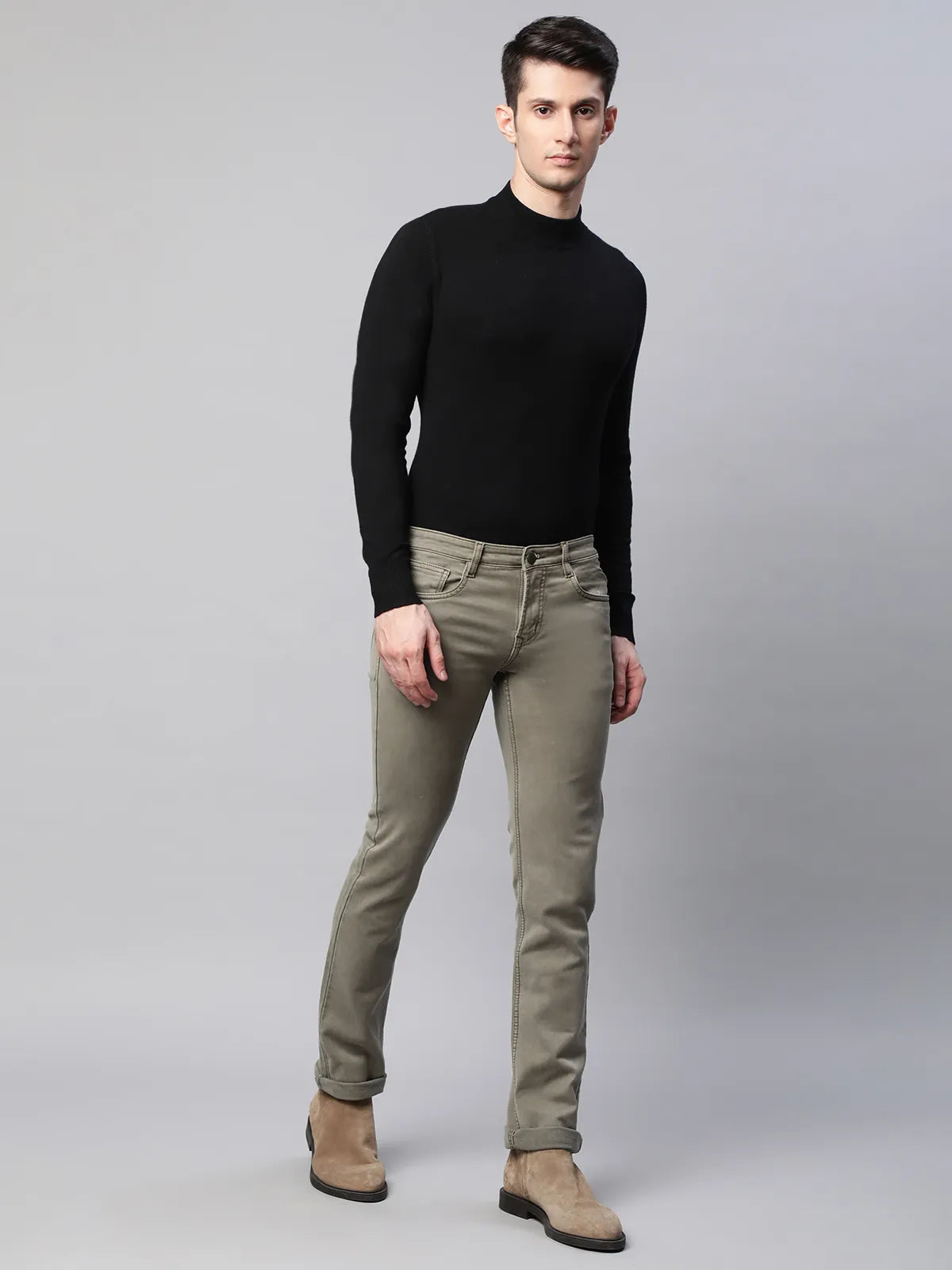 Mens Olive Slim Fit Medium Stretch 5-Pocket Jeans - Global Republic