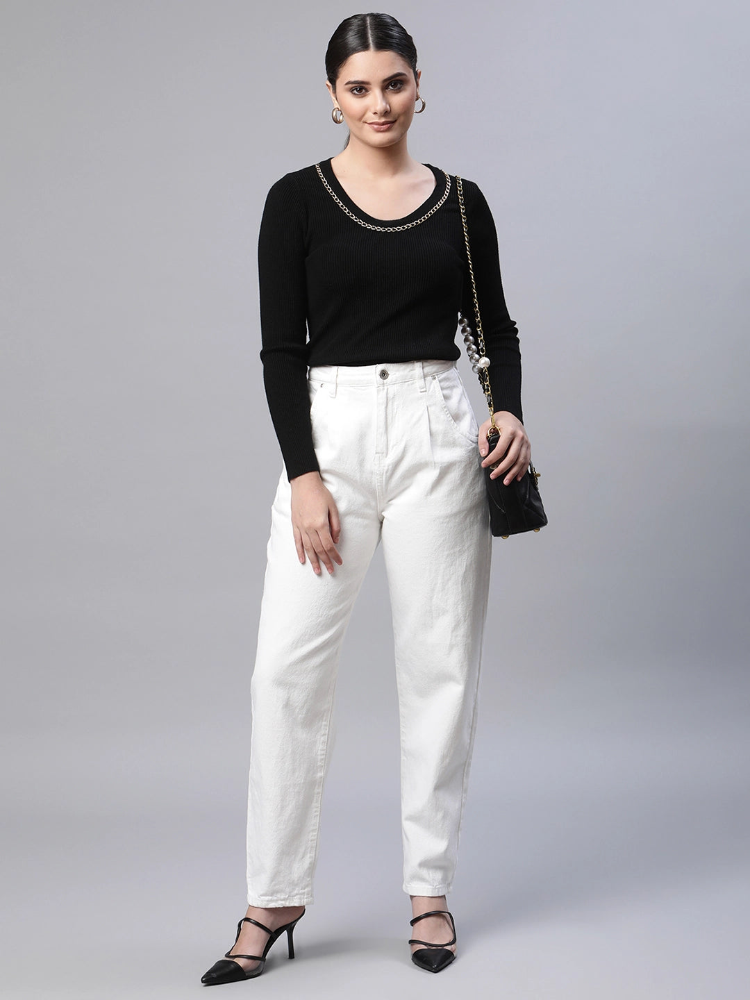 White Solid Loose Fit Jeans - Global Republic