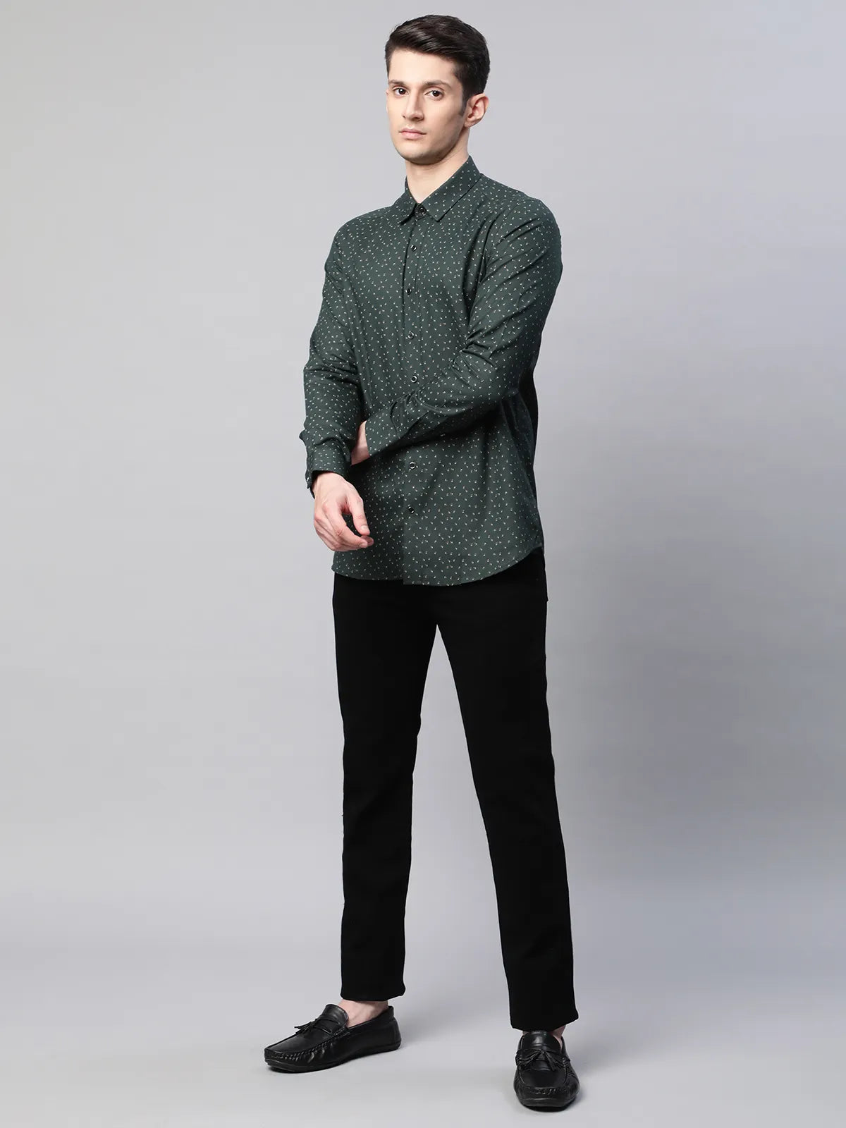 Mens Olive Regular Fit Overall Printed Shirt - Global Republic