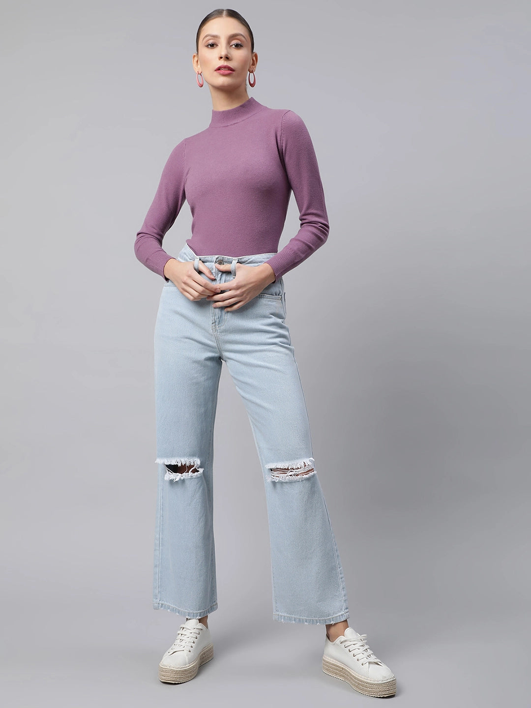 Women Light Blue Distressed Knee Straight Leg Mid Rise Jeans - Global Republic