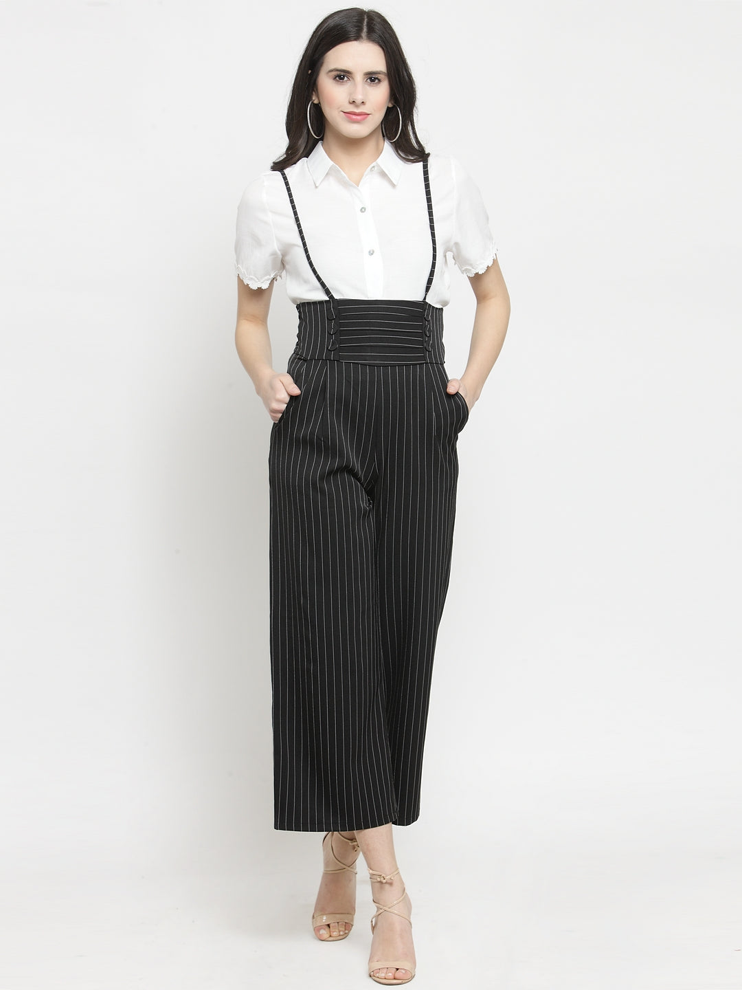 Women Black Striped Straight Fit Dungarees