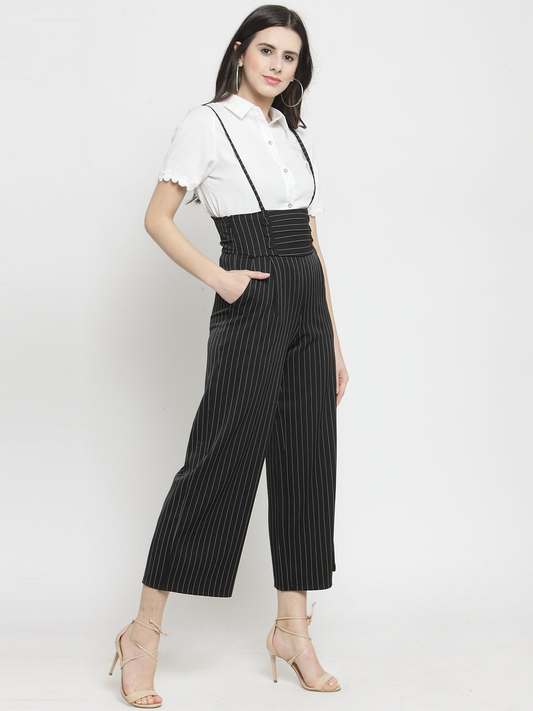 Women Black Striped Straight Fit Dungarees