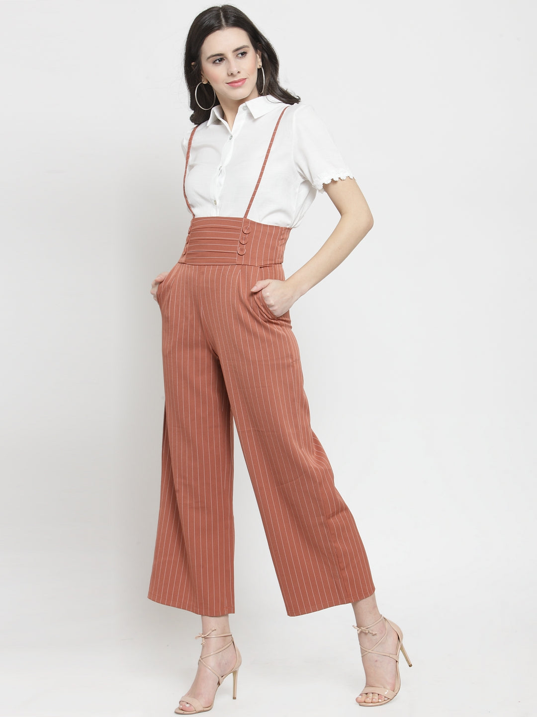 Women Camel Brown Striped Straight Fit Dungarees