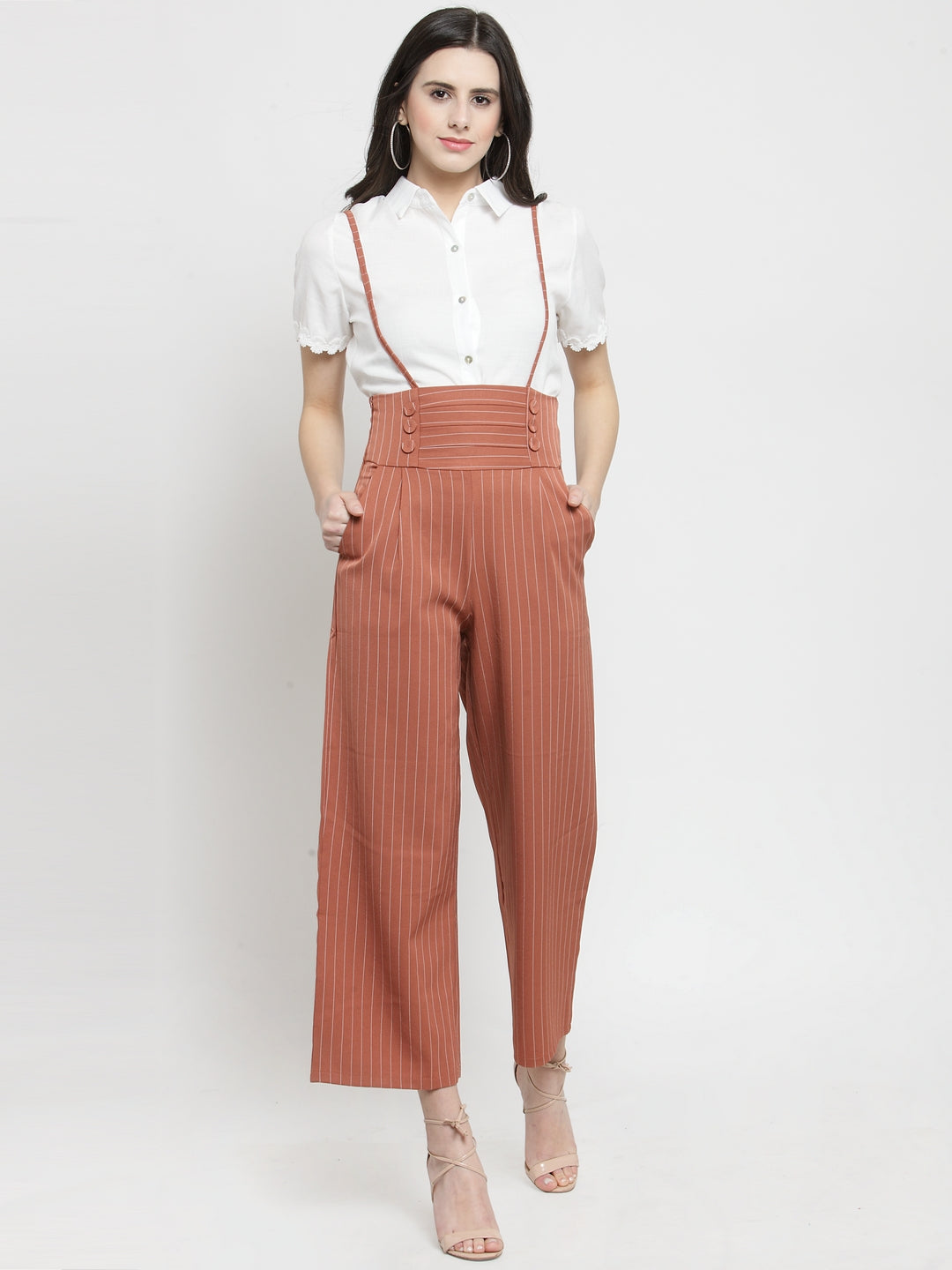 Women Camel Brown Striped Straight Fit Dungarees