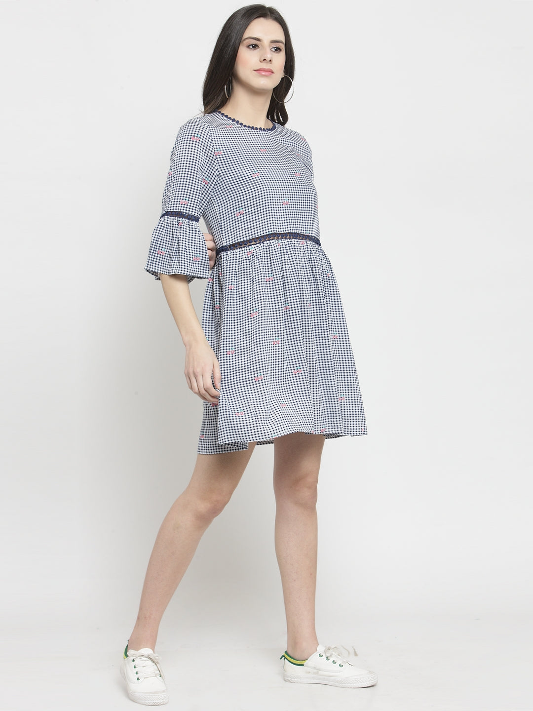 Women Blue Checked Round Neck Shift Dress