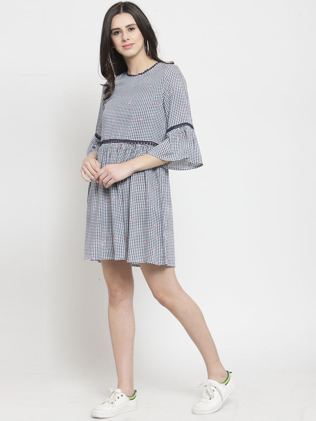 Women Blue Checked Round Neck Shift Dress