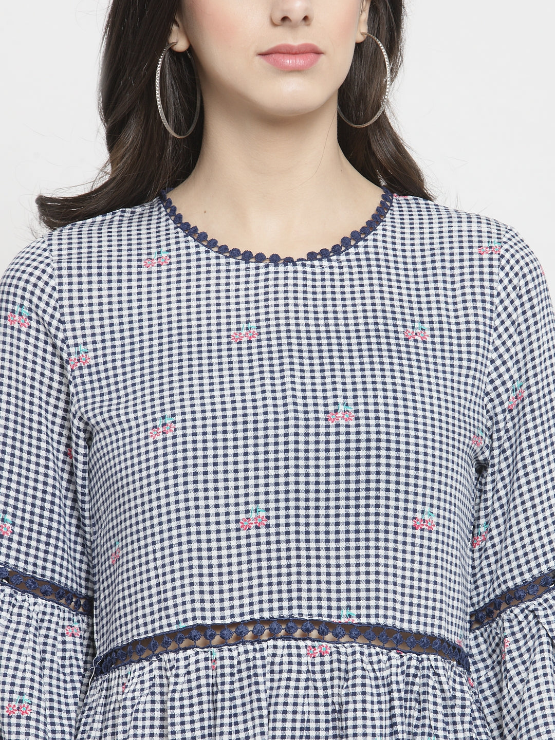 Women Blue Checked Round Neck Shift Dress
