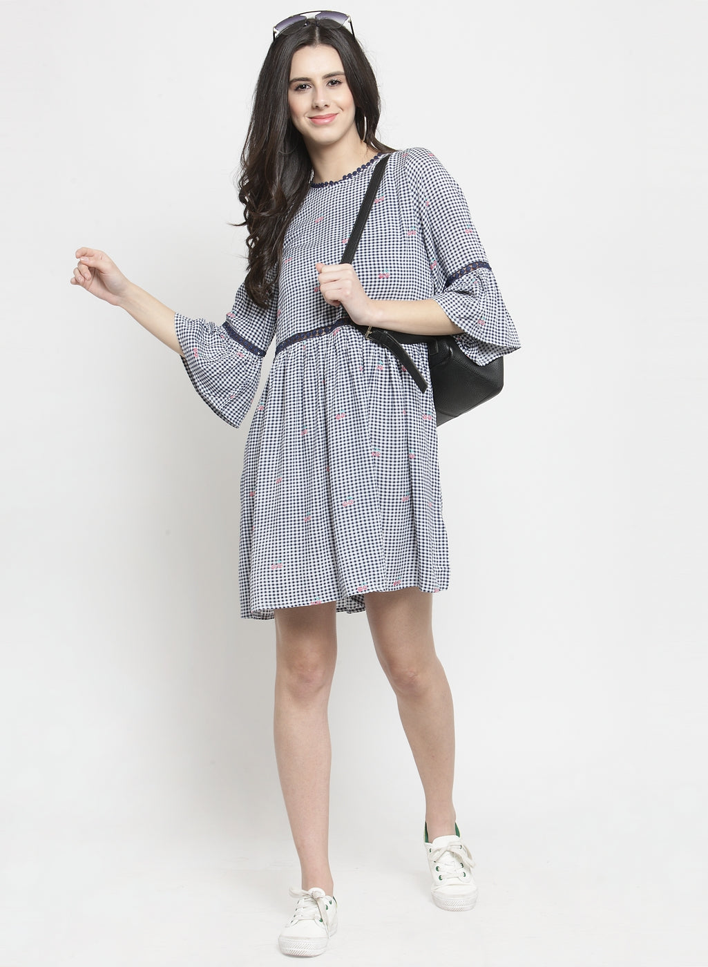 Women Blue Checked Round Neck Shift Dress