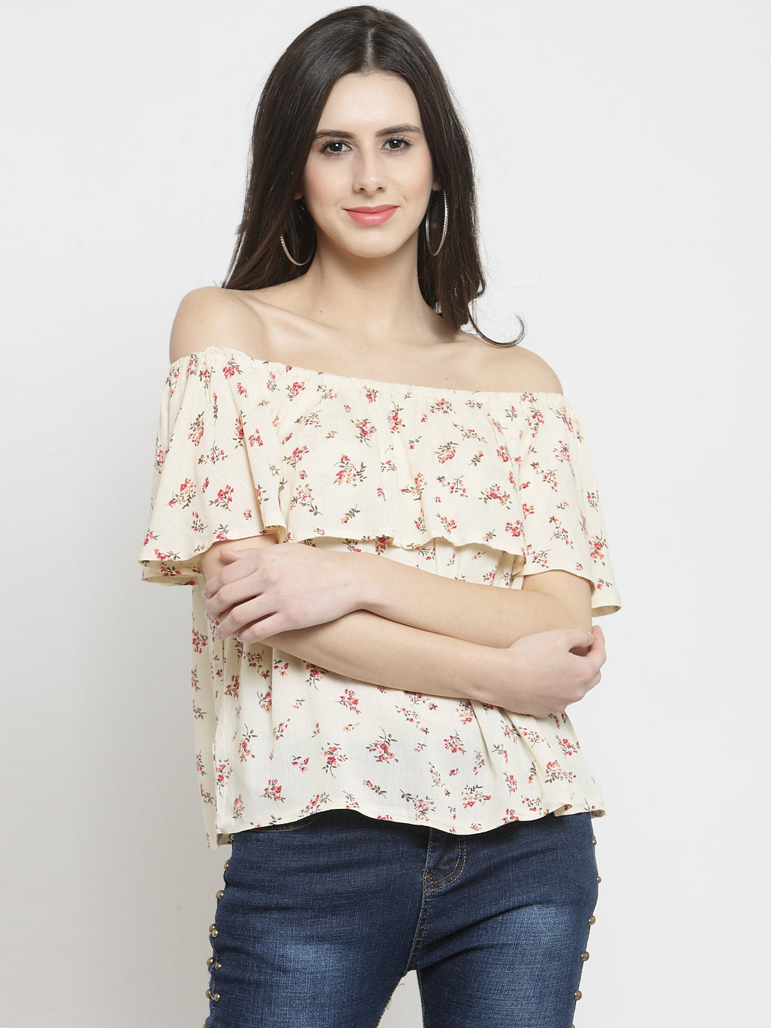 Women Cream Printed Off Shoulder Regular Fit T-Shirts