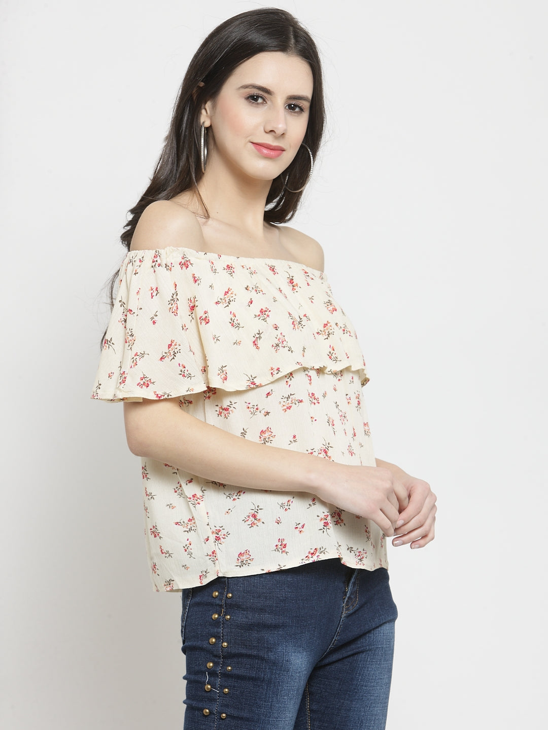 Women Cream Printed Off Shoulder Regular Fit T-Shirts