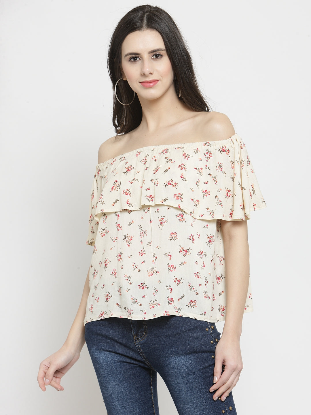 Women Cream Printed Off Shoulder Regular Fit T-Shirts