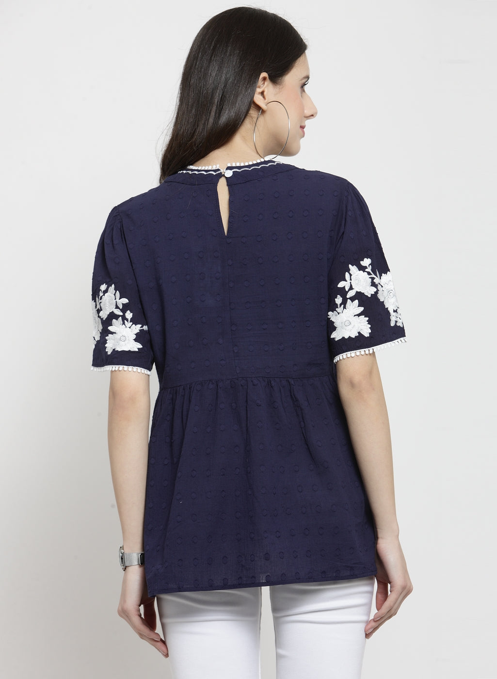 Women Printed Navy Blue Round Neck Top With Floral Embroidery